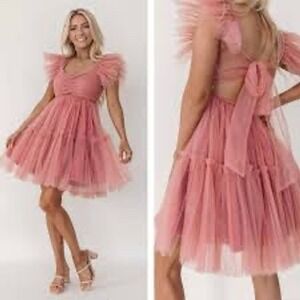 Mable Mini‎ Dress Mesh Tier Tulle Ruffle in Mauve Size S Whimsical fairycore